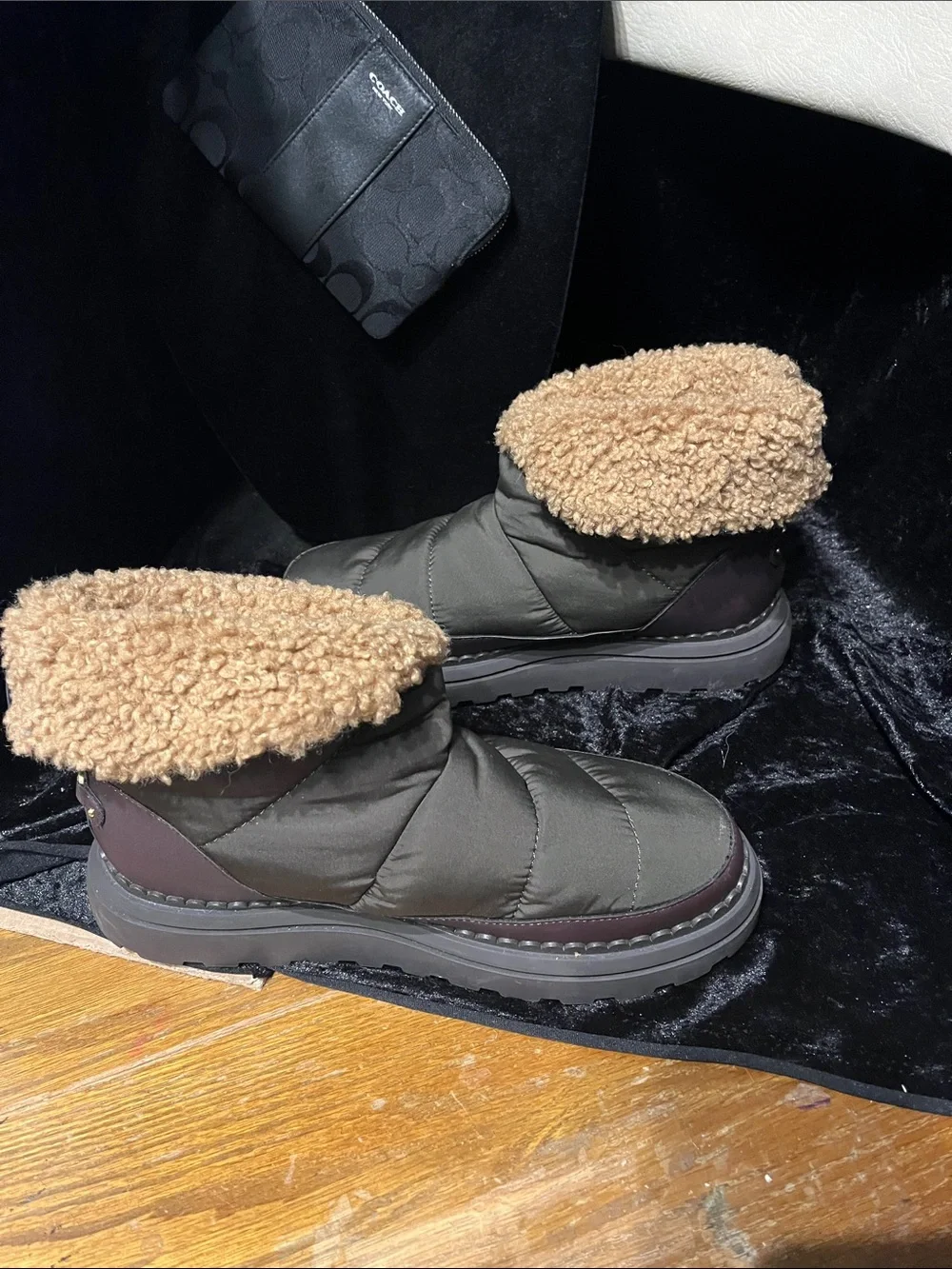 Sam Edelman Olive Green Winter Ankle Boots with Tan Shearling Collar
